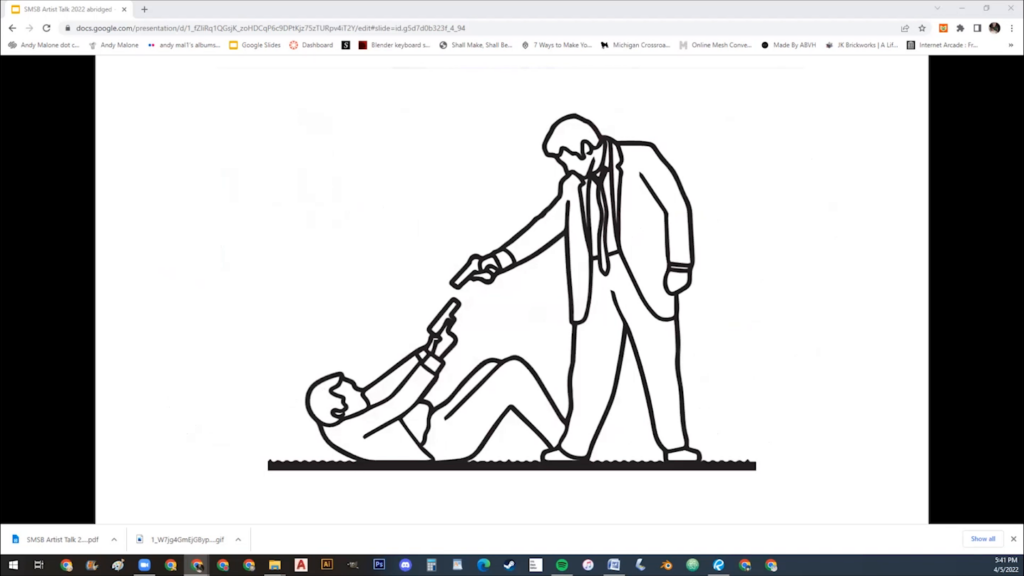 Line drawing of two men, one laying on the ground facing the other standing above him, both pointing guns at each other.